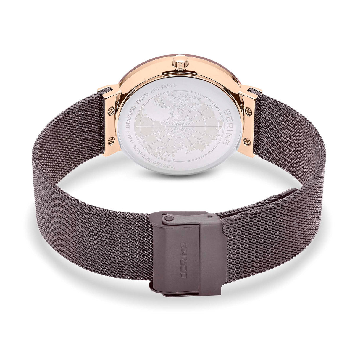 Watch with brown mesh strap and rose gold case on white background