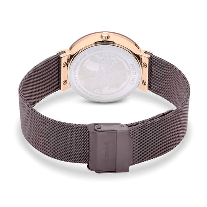 Watch with brown mesh strap and rose gold case on white background