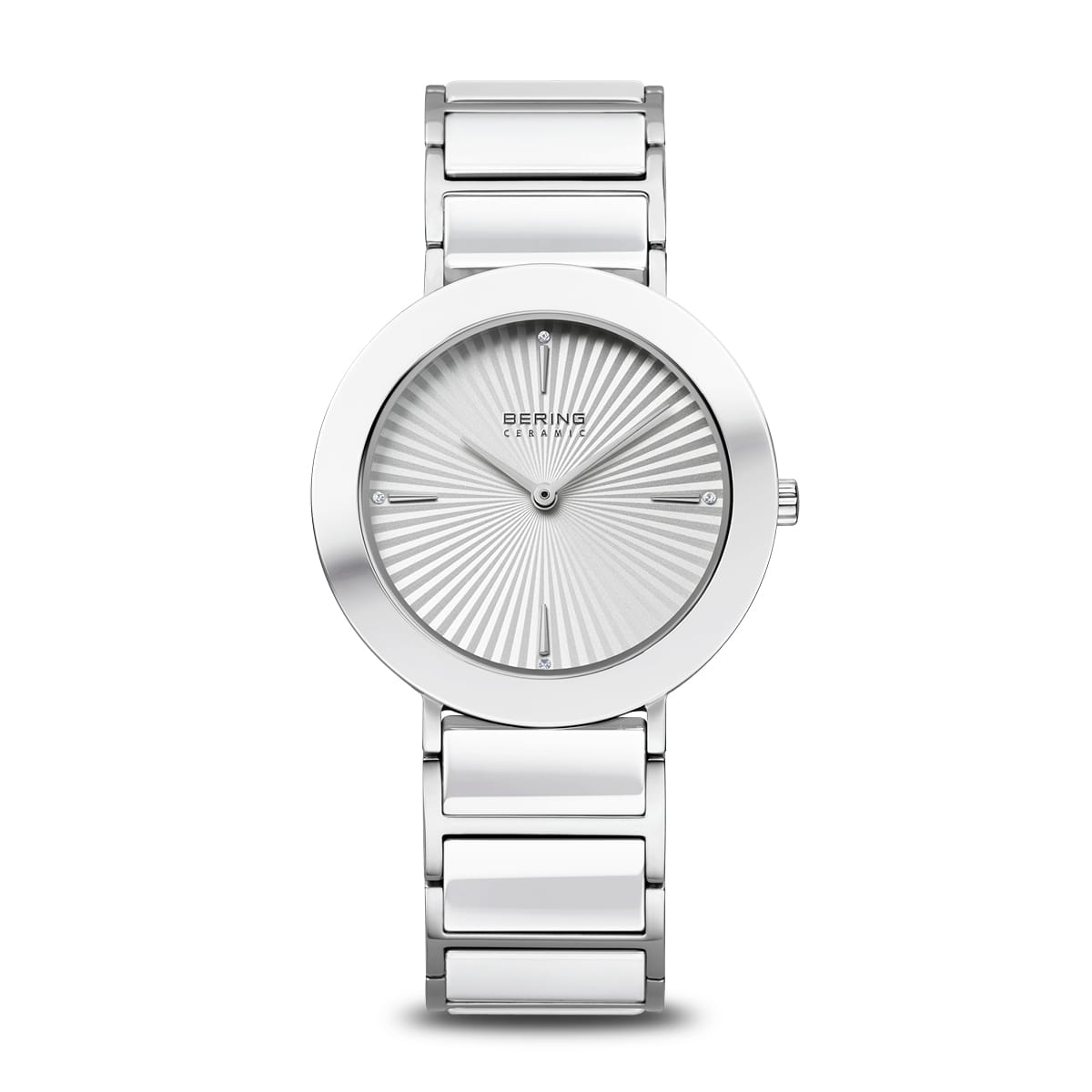 Silver watch with a white dial on a white background