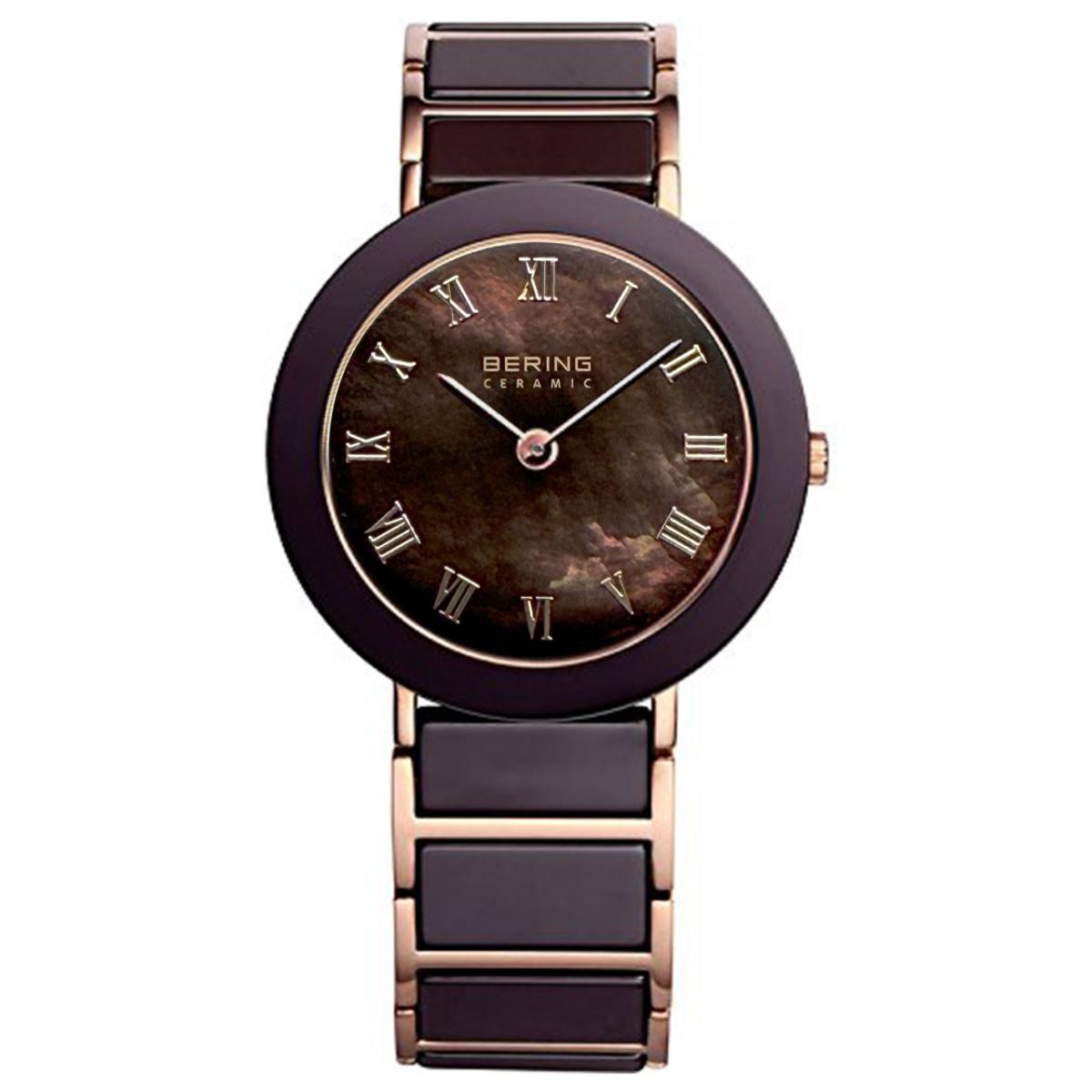 Bering watch with brown ceramic strap and dark brown dial on a white background