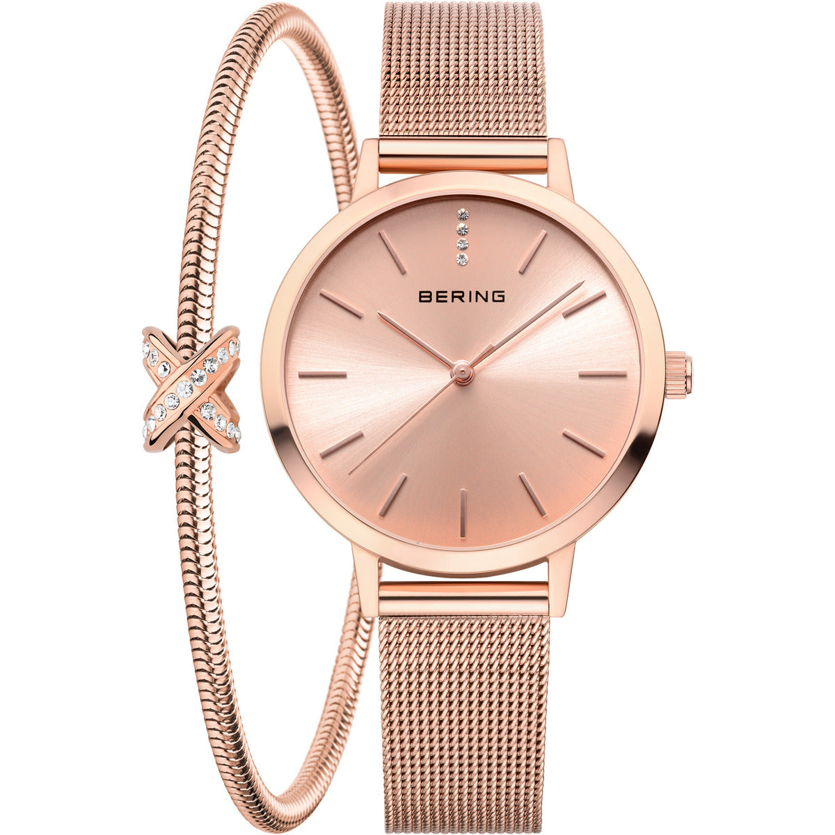 Rose gold watch with matching bracelet on a white background