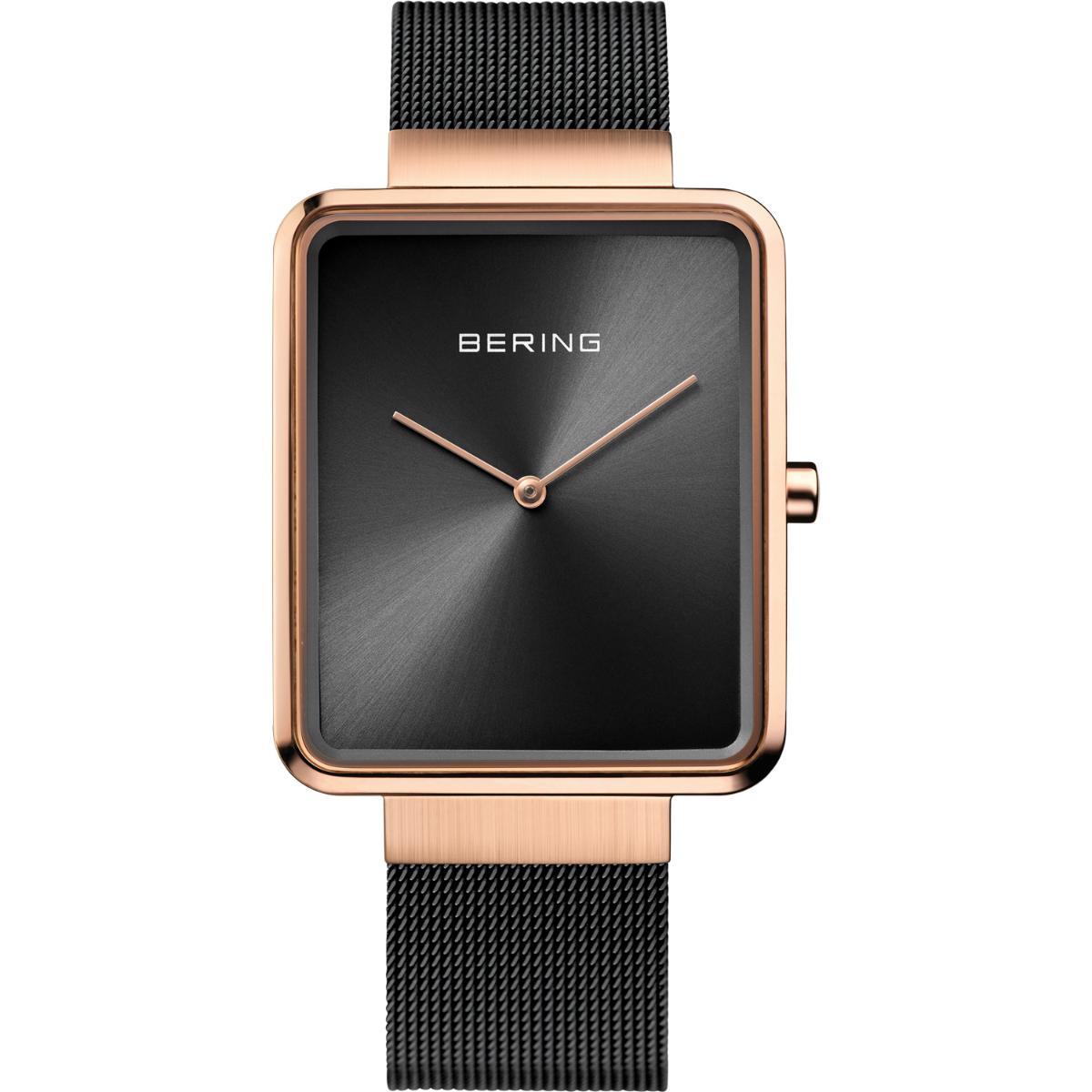 Bering watch with black face and rose gold case on a white background