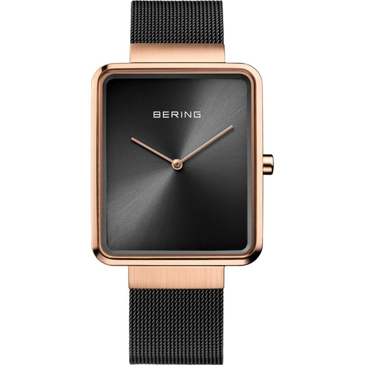 Bering watch with black face and rose gold case on a white background