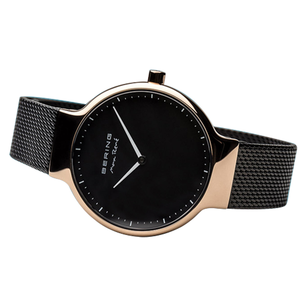 Black watch with rose gold case and mesh band on a white background