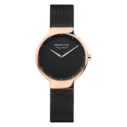 Watch with black face and rose gold case on a white background