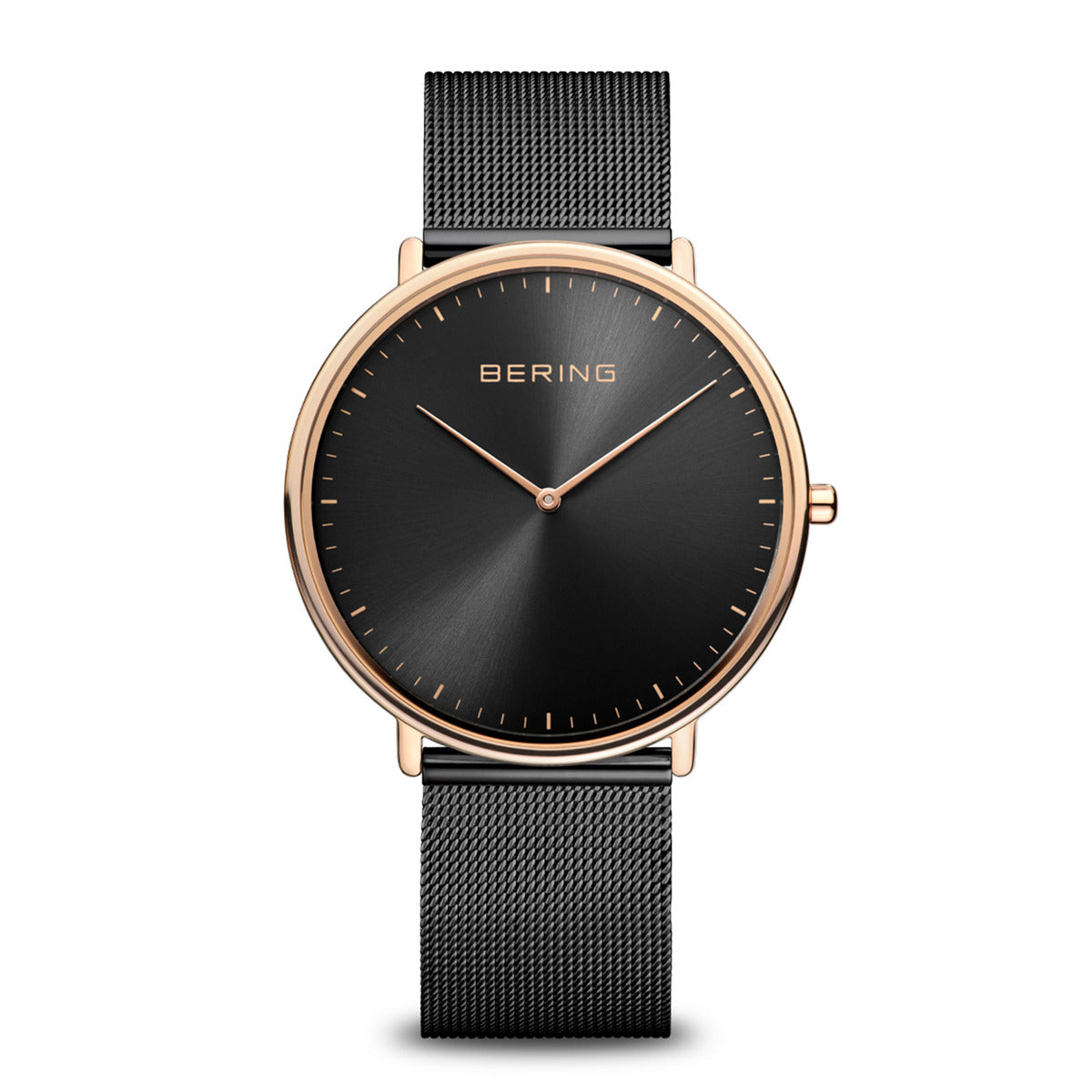 Black watch with rose gold bezel and mesh band on white background
