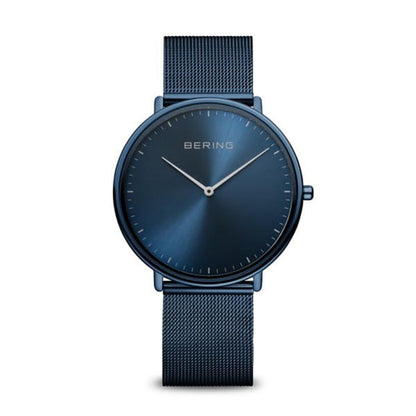 Blue watch with mesh band on a white background