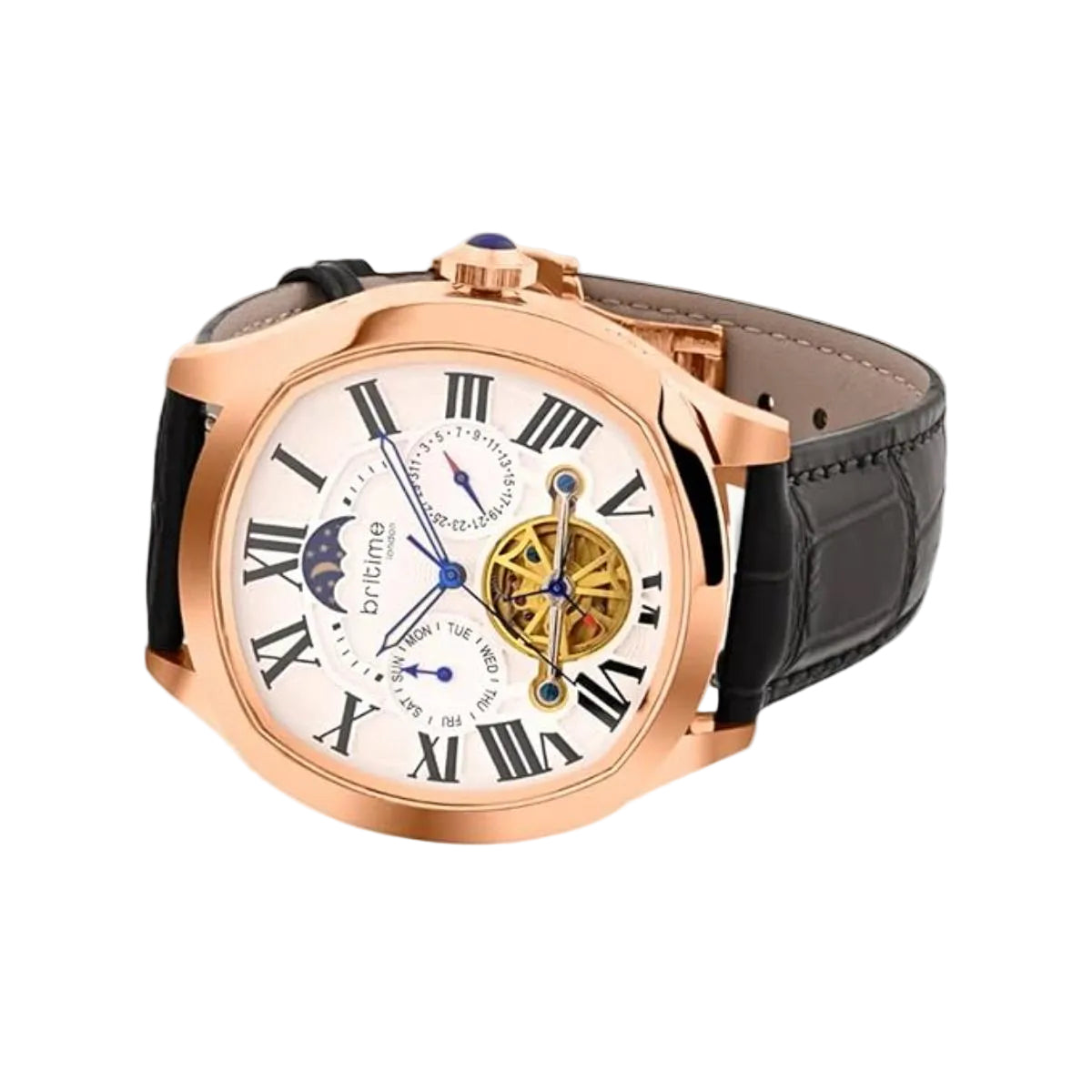 Luxury watch with rose gold case and black leather strap on a light gray background