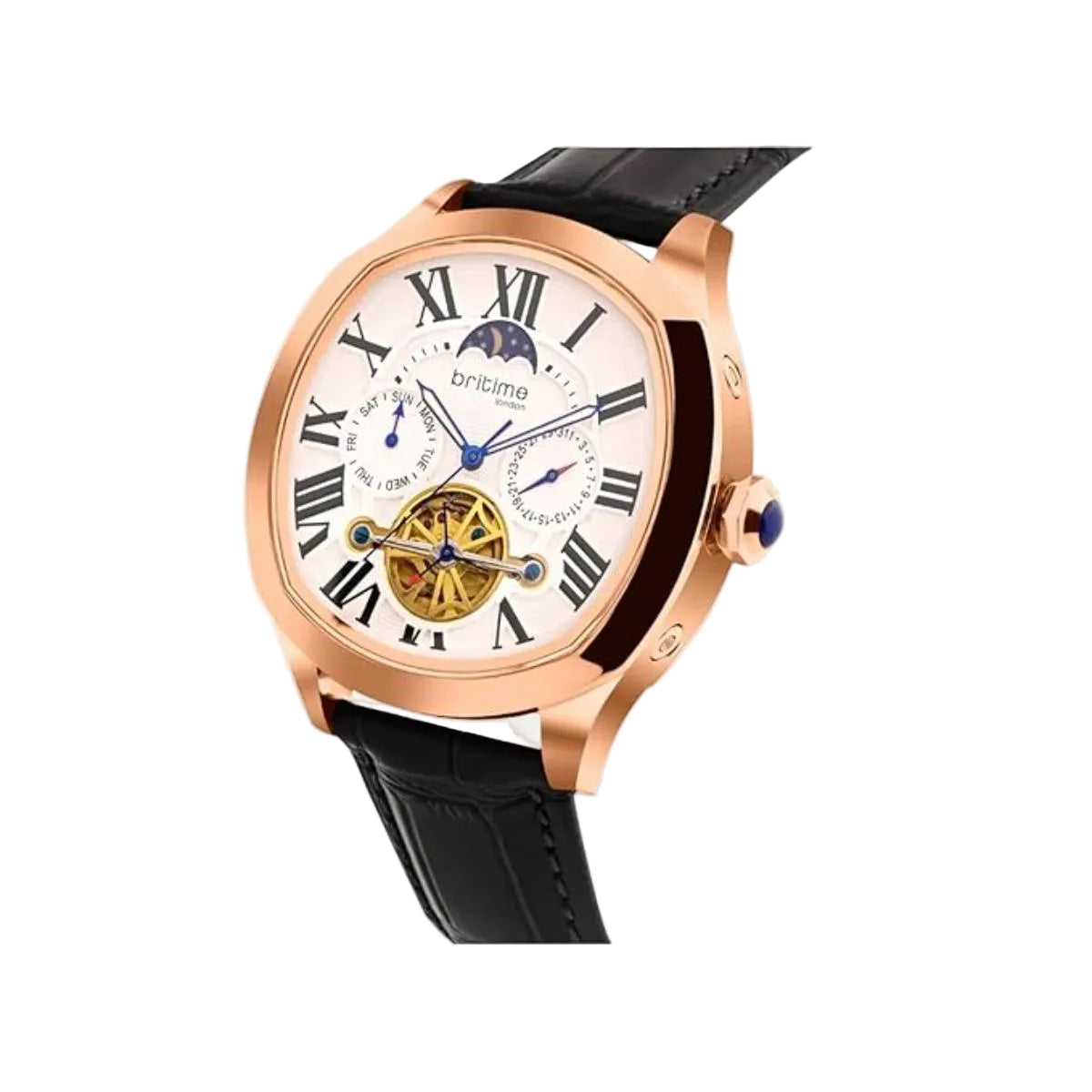 Luxury watch with rose gold case and black leather strap on a white background