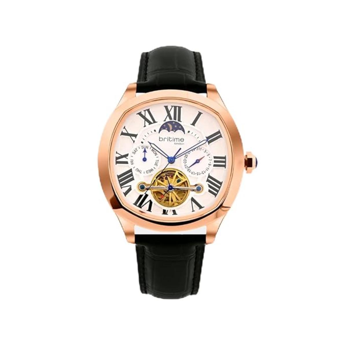 Luxury watch with black leather strap and rose gold case on a white background