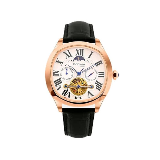 Luxury watch with black leather strap and rose gold case on a white background