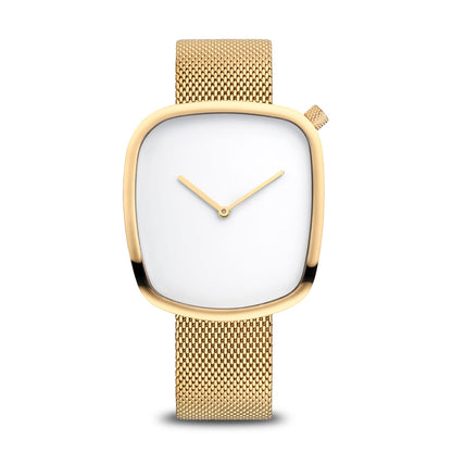 Gold watch with a white face on a white background