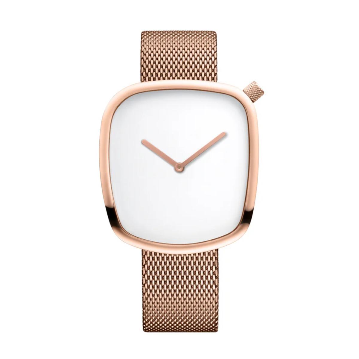 Rose gold watch with a white face on a white background