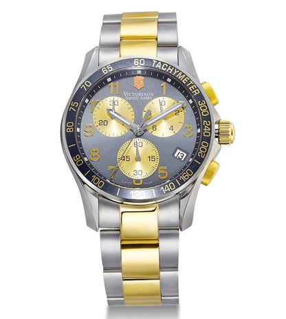 Victorinox A men's chronograph watch with a two-tone stainless steel bracelet, blue dial with yellow accents, and a gold and silver case.
