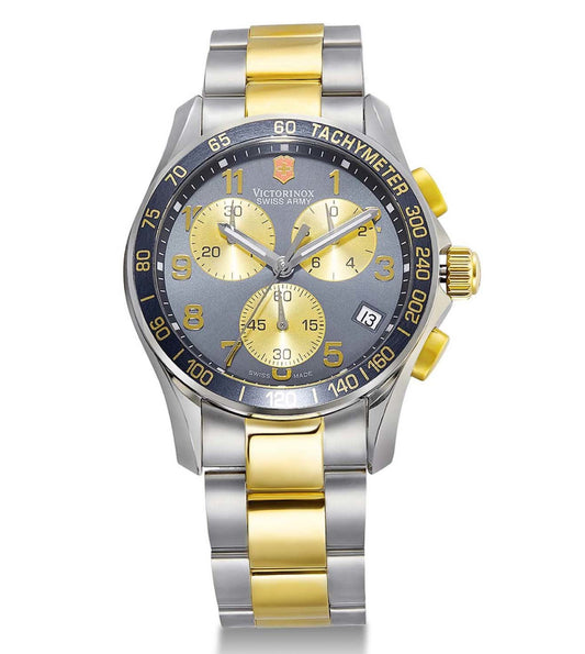 Victorinox A men's chronograph watch with a two-tone stainless steel bracelet, blue dial with yellow accents, and a gold and silver case.