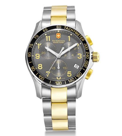 241170.1 Victorinox A classic chronograph watch for men featuring a black dial with yellow accents, a two-tone stainless steel bracelet, and a silver and gold case.