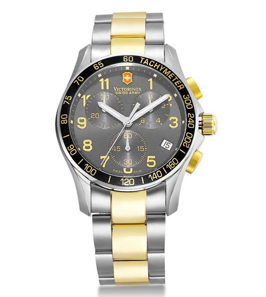 241170.1 Victorinox A classic chronograph watch for men featuring a black dial with yellow accents, a two-tone stainless steel bracelet, and a silver and gold case.