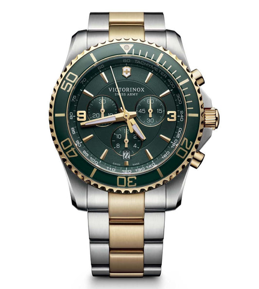 A Victorinox Maverick Chronograph Watch for Men with a green dial, stainless steel case, and a two-tone stainless steel bracelet.