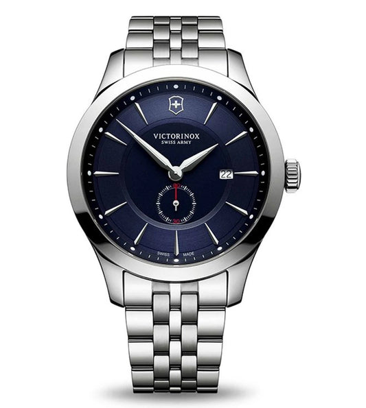 A stainless steel Victorinox Alliance analog watch for men with a navy dial and silver strap.