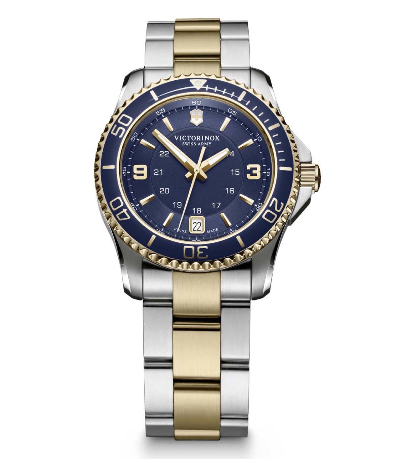 241790 Victorinox A women's Maverick GS watch with a blue dial, stainless steel case, and a two-tone stainless steel bracelet.