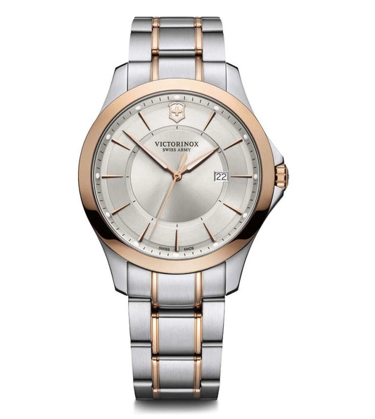 A Victorinox Swiss made analog men's watch with a silver dial and rose gold casing, featuring a date display and a two-tone bracelet.
