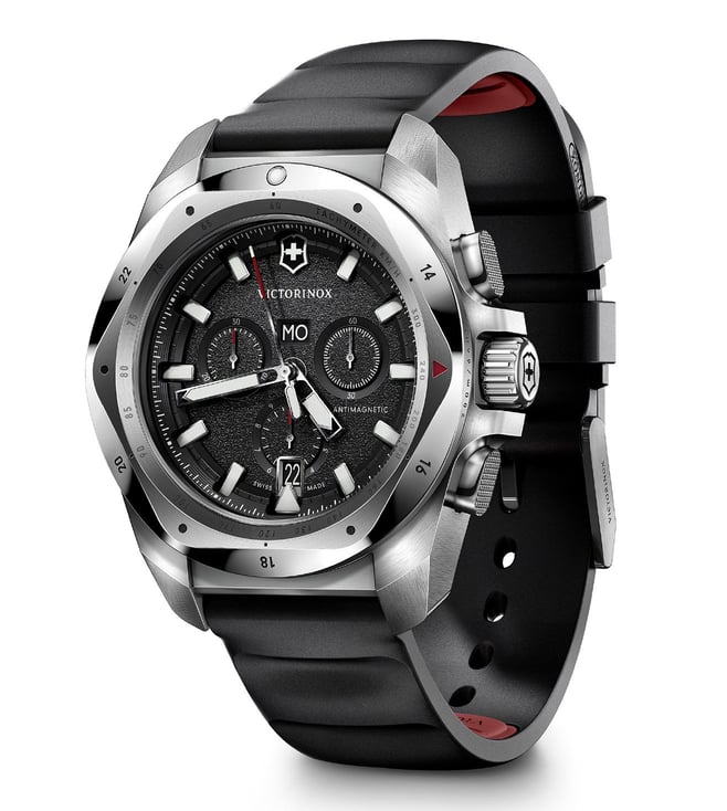 A Victorinox Swiss Made Chronograph Watch with a black dial, stainless steel case, and black rubber strap.