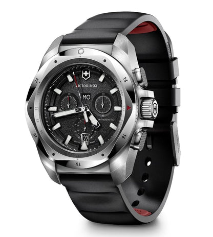 A Victorinox Swiss Made Chronograph Watch with a black dial, stainless steel case, and black rubber strap.