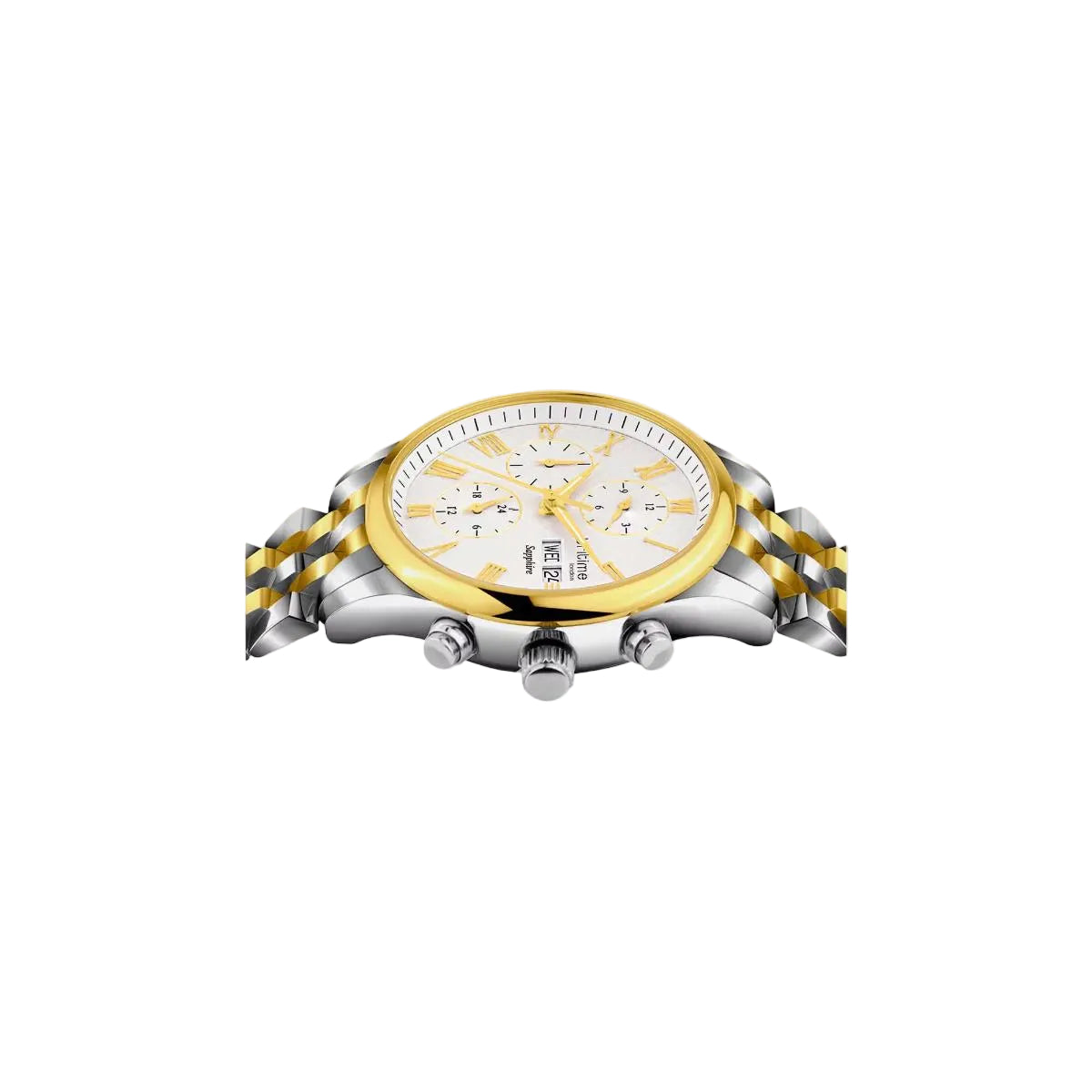 Gold and silver watch on a white background