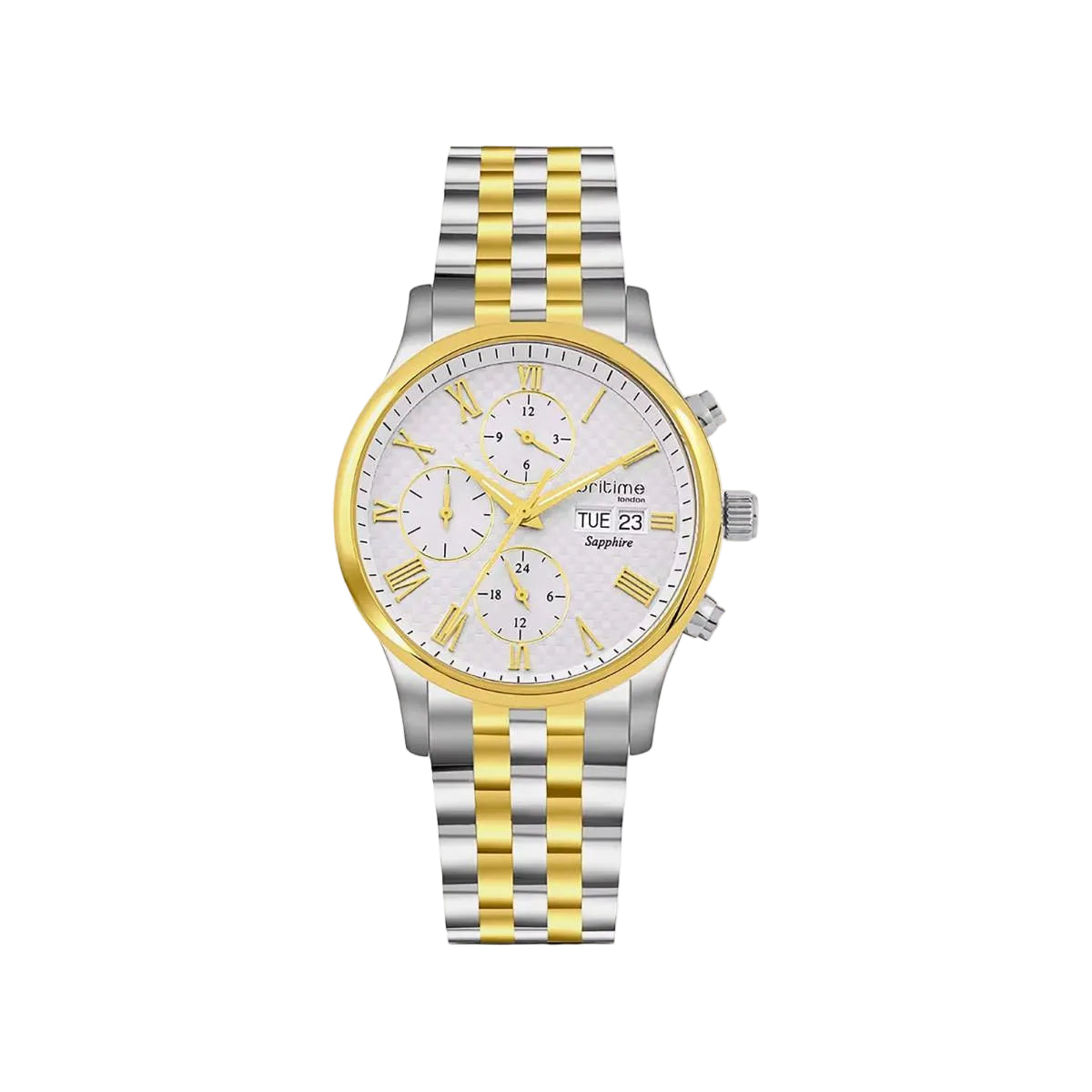 Two-tone silver and gold watch on a white background
