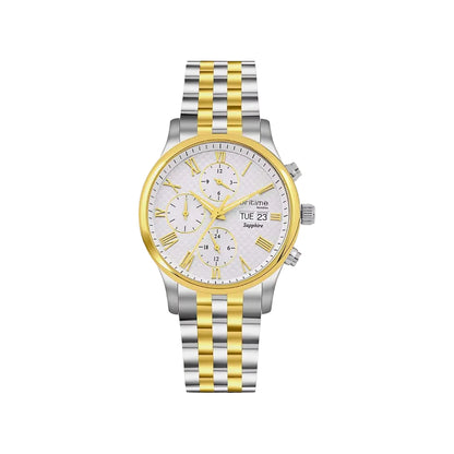 Two-tone silver and gold watch on a white background