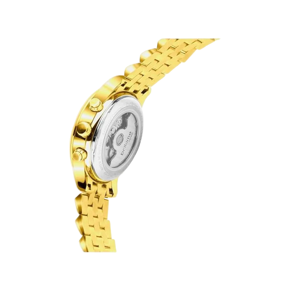 Gold watch with a white face on a light gray background