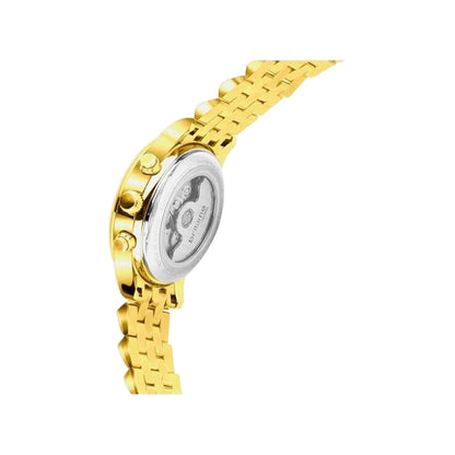 Gold watch with a white face on a light gray background
