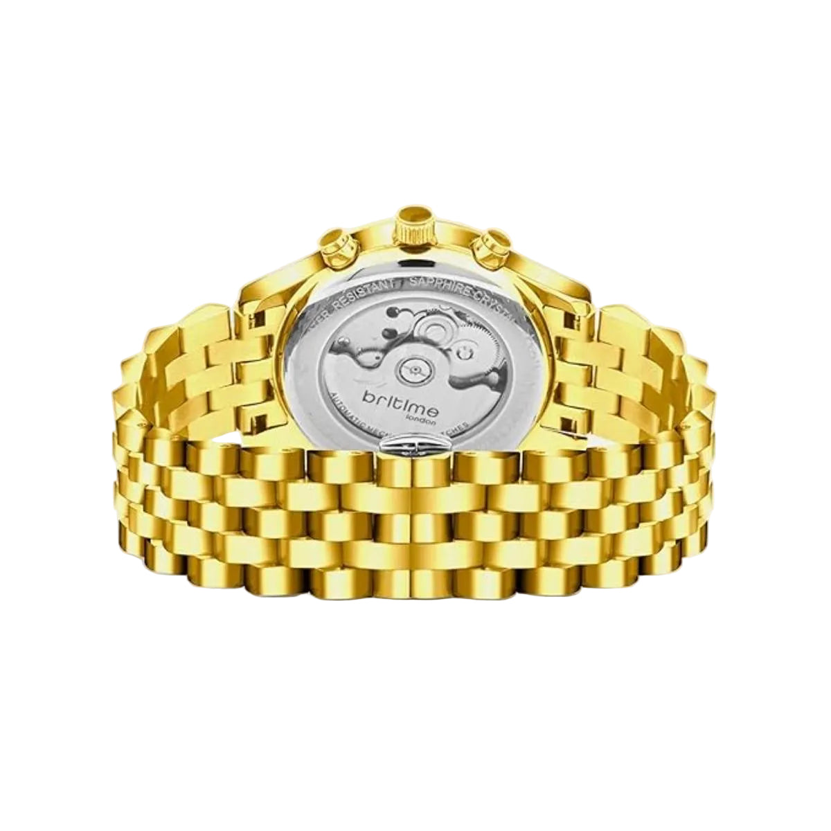 Gold watch with a visible brand logo on a light gray background