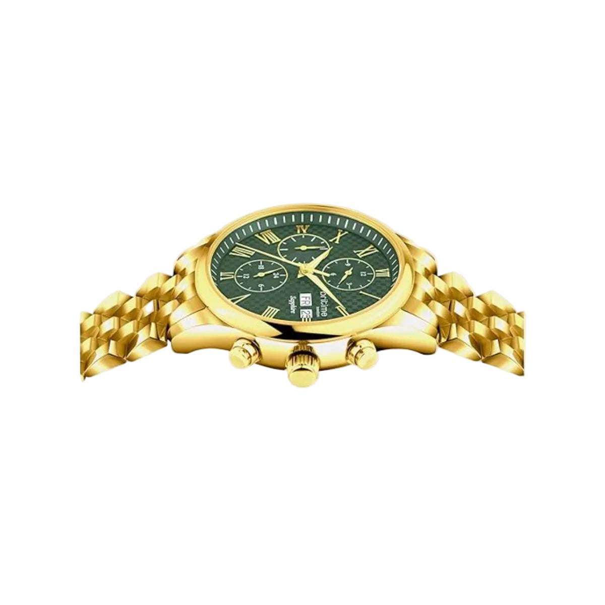 Gold wristwatch with a green dial on a white background
