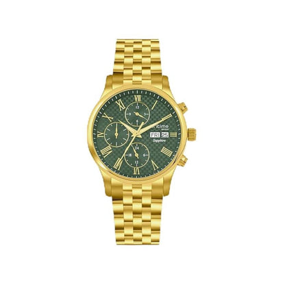 Gold wristwatch with a green dial on a white background