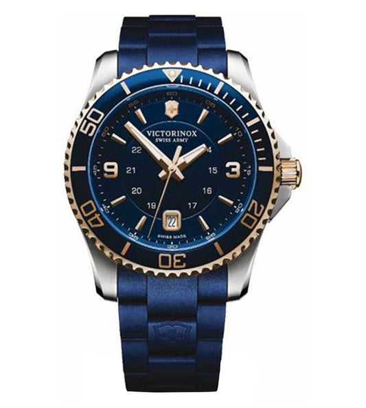 A men's Victorinox Maverick analog watch with a blue dial and stainless steel strap, featuring a sapphire crystal cover and a buckle clasp.