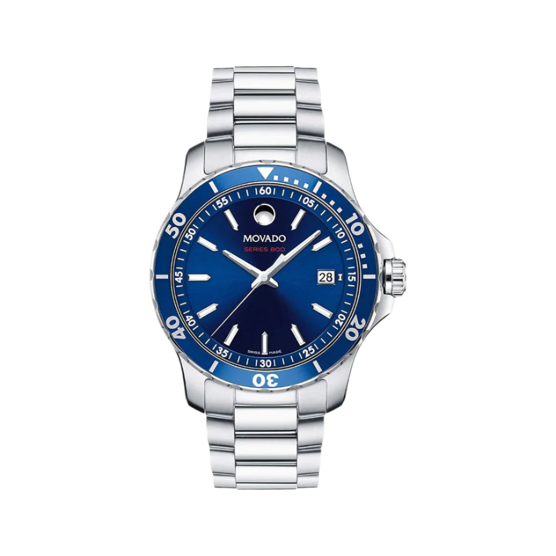 Silver watch with a blue face on a white background