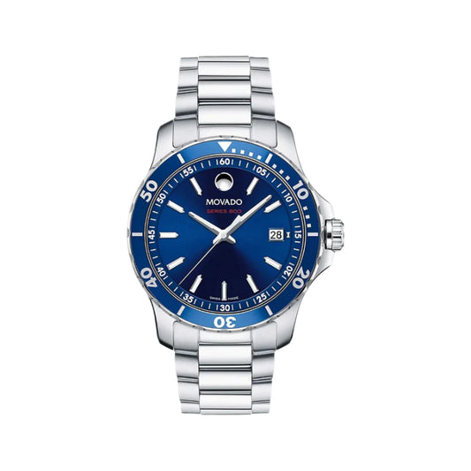 Silver watch with a blue face on a white background