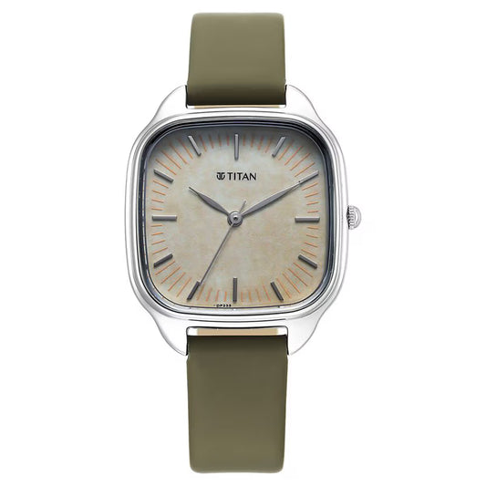 Titan Workwear Quartz Analog White Dial Green Leather Strap Watch For Women 2733SL01