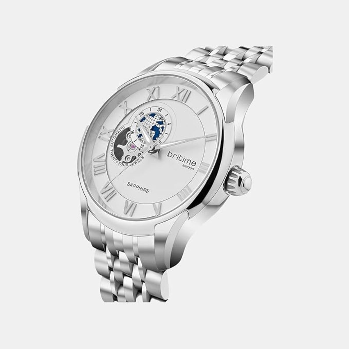 Silver wristwatch with detailed face on a white background