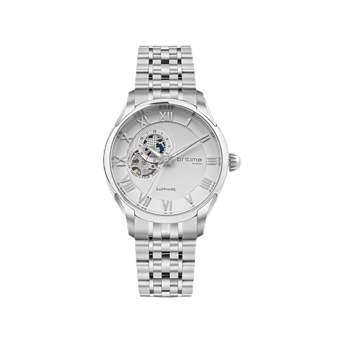 Silver wristwatch with a white face on a white background