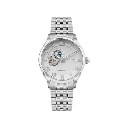 Silver wristwatch with a white face on a white background