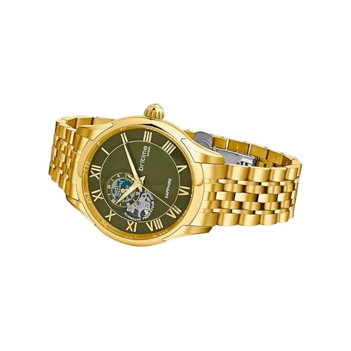 Gold wristwatch with a green dial on a light gray background