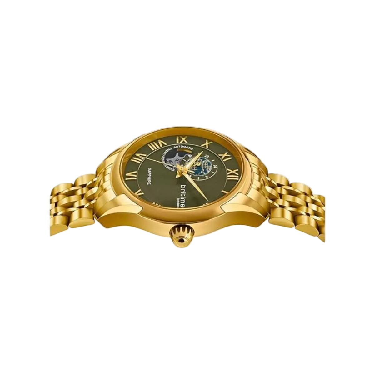 Gold wristwatch with a green dial on a white background