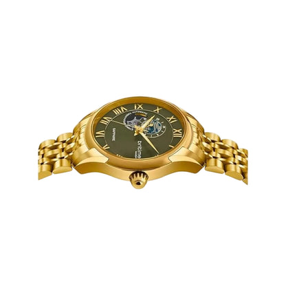 Gold wristwatch with a green dial on a white background