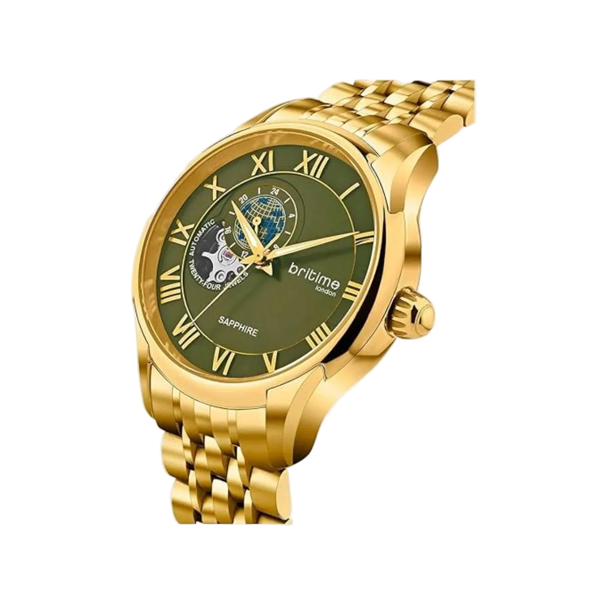 Gold wristwatch with a green dial on a white background