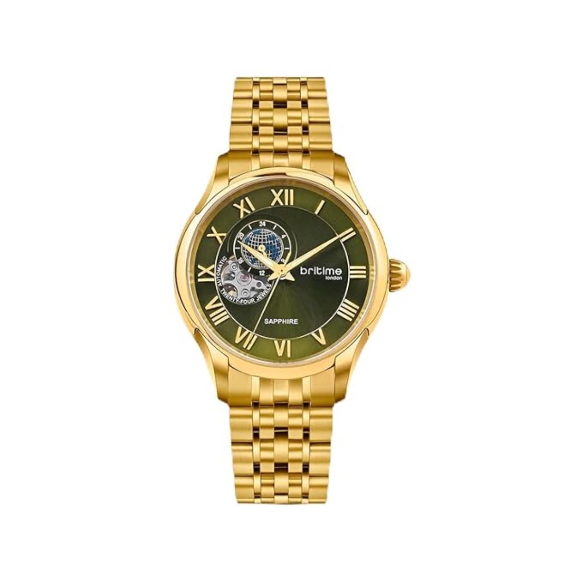 Gold wristwatch with a green dial on a white background