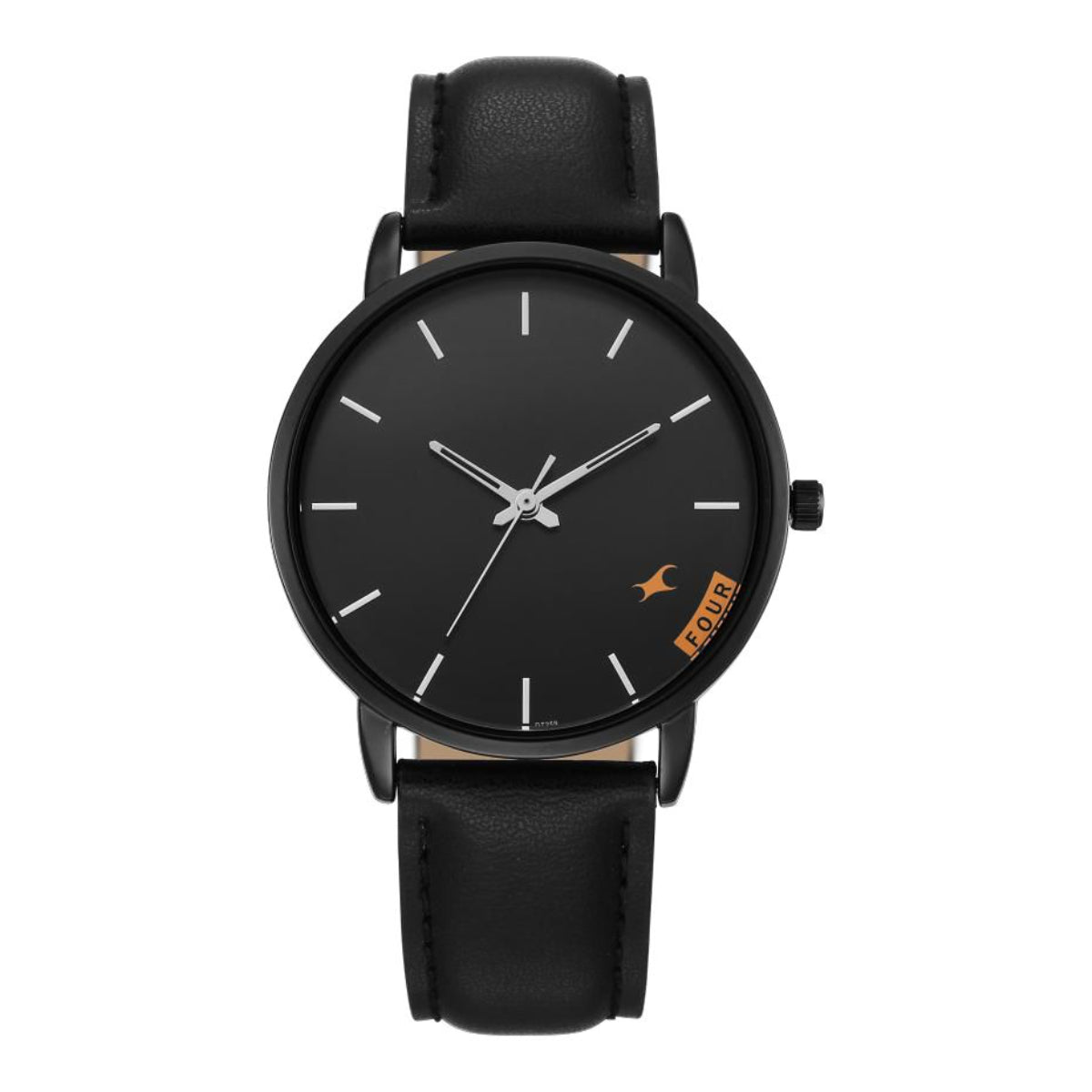 Black wristwatch with a black strap on a white background