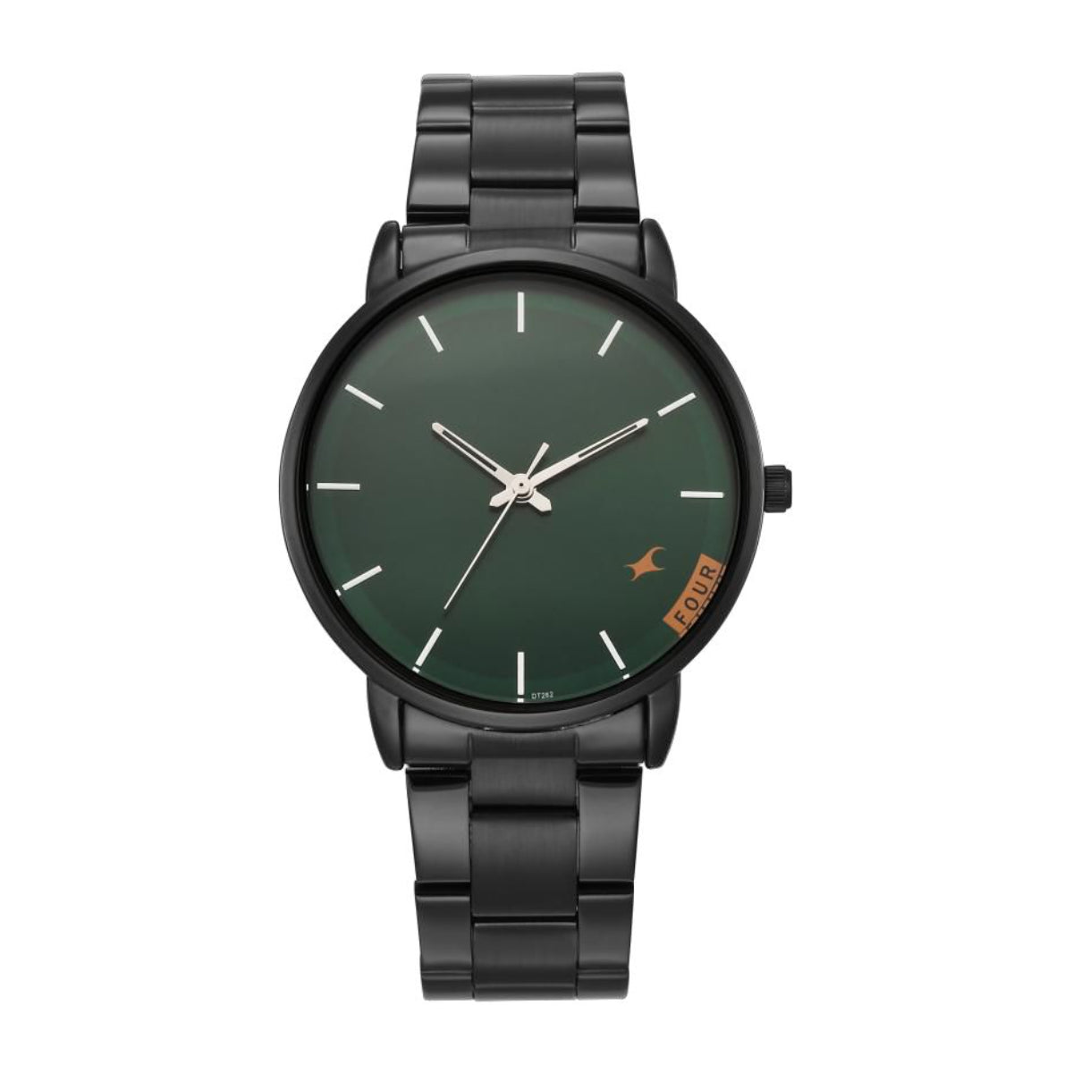 Black wristwatch with a green dial on a white background