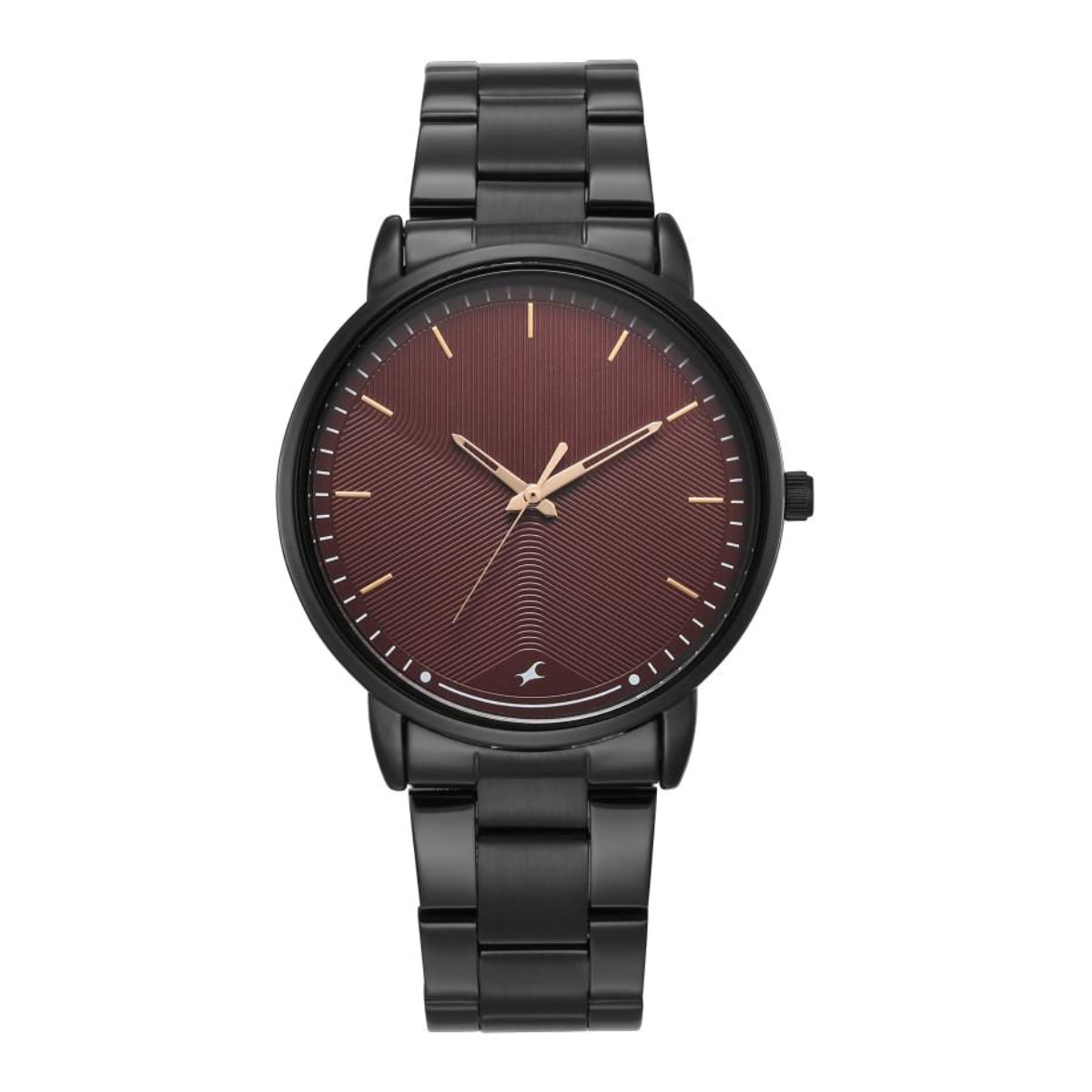 Black wristwatch with a maroon dial on a white background